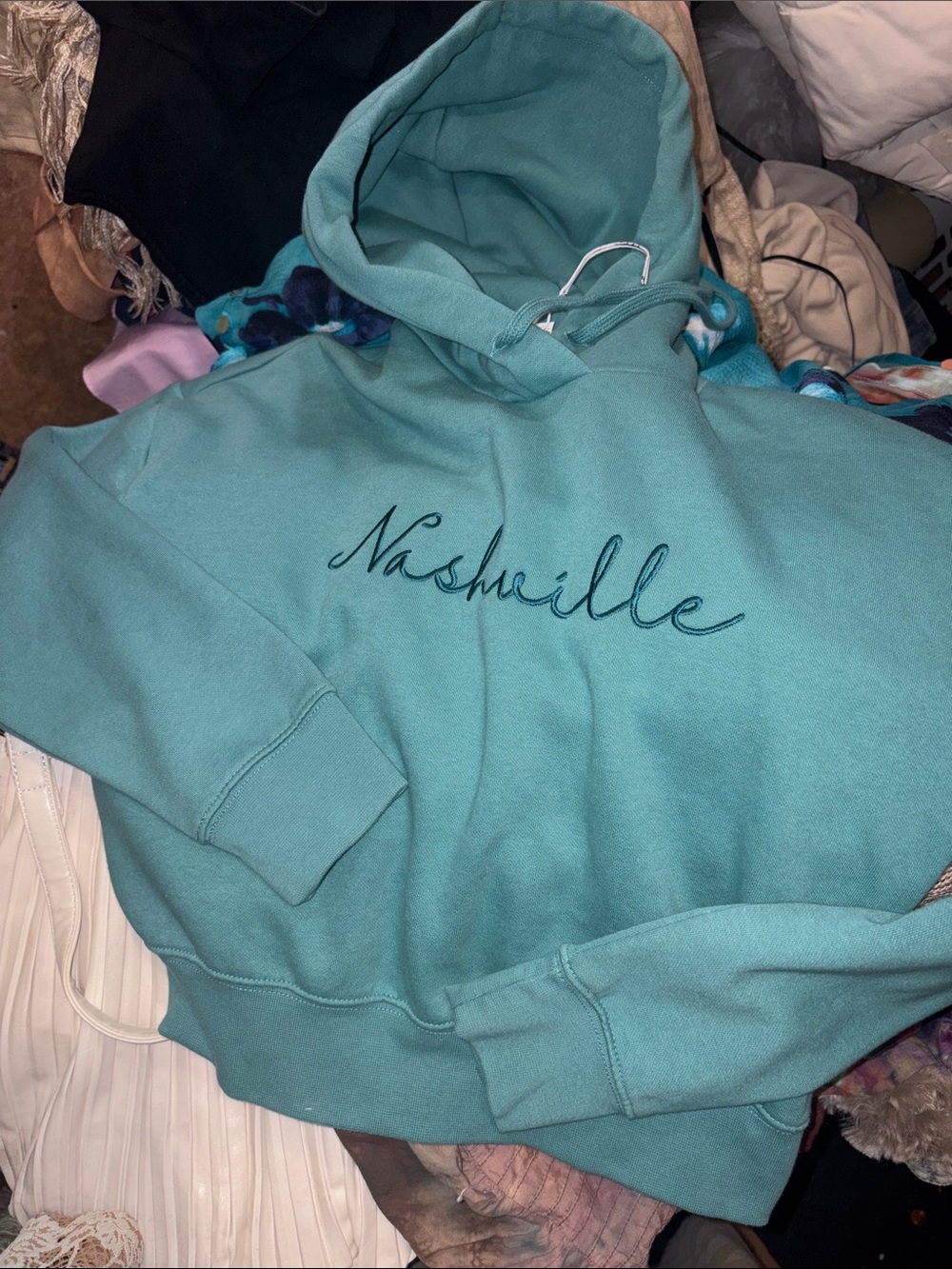 Nashville Embroidered Teal Hoodie Sweatshirt - Women
